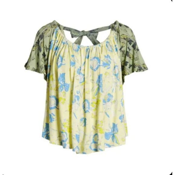 Free People Baja Babe Tie Back Cold Shoulder Top Yellow and Green size Small - Picture 2 of 6
